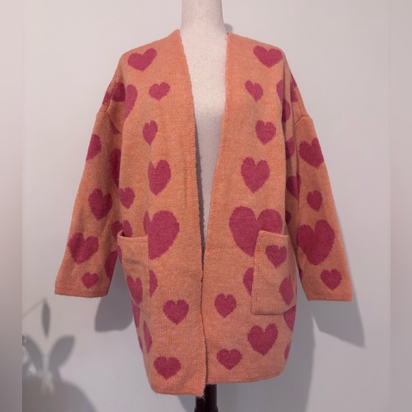 Maeve by Anthropologie Pink and Orange Hearts Sweater XS/S Oversized open front - Picture 3 of 7